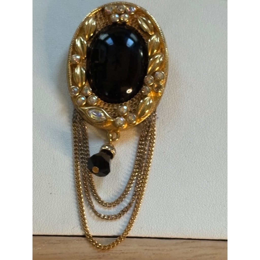 Kjl Signed Gold Tone Brooch With Black Stone & Crystal Accents